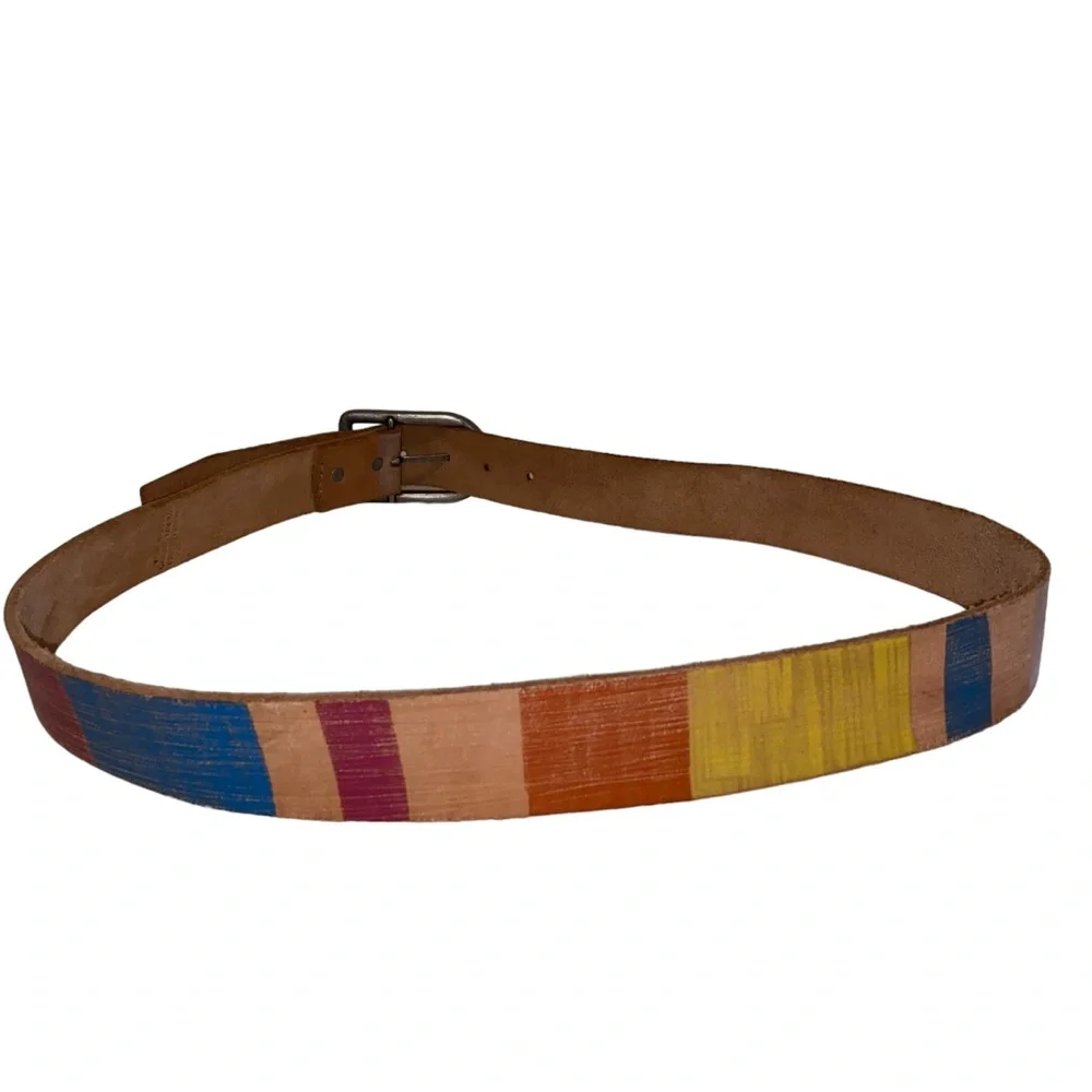 Genuine Leather Belt Made in India Multicolor Striped Silvertone Buckle 34-37”